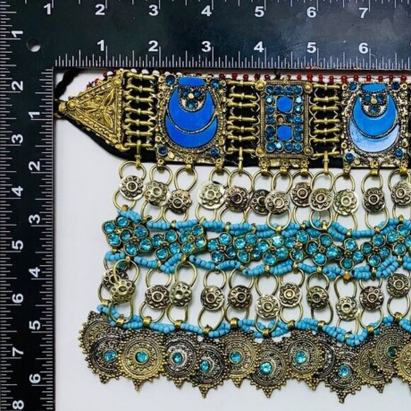 Turquoise Choker Necklace, Tribal Kuchi Afghan Choker With Turquoise Glass Stone - Picture 6 of 12